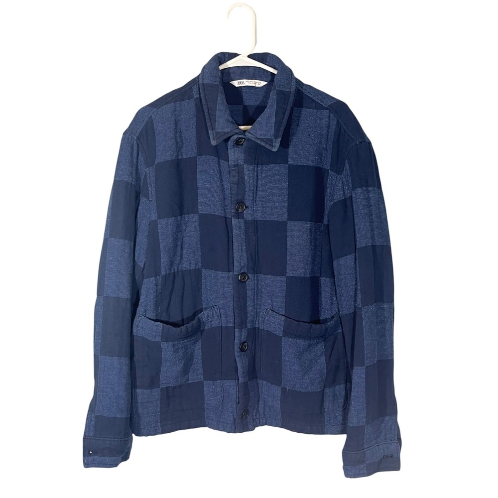 Zara Men's Heavy Flannel Shacket Overshirt L Blue Black Buffalo Plaid Jacket